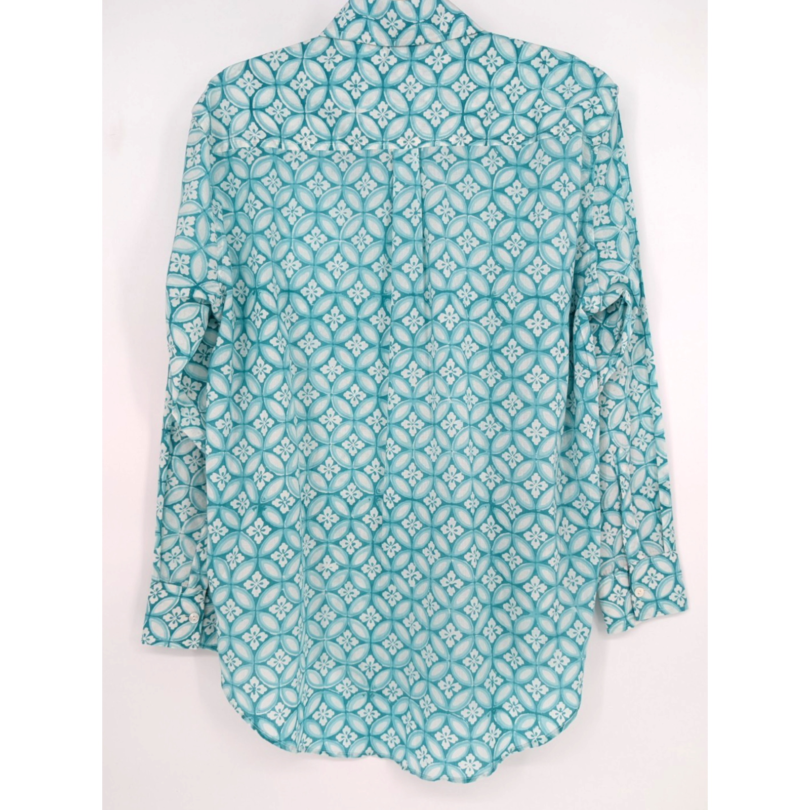 Pax Philomena Nina Aqua Floral Button Down Blouse Medium Boho Lagenlook Artsy — image 4 of 7